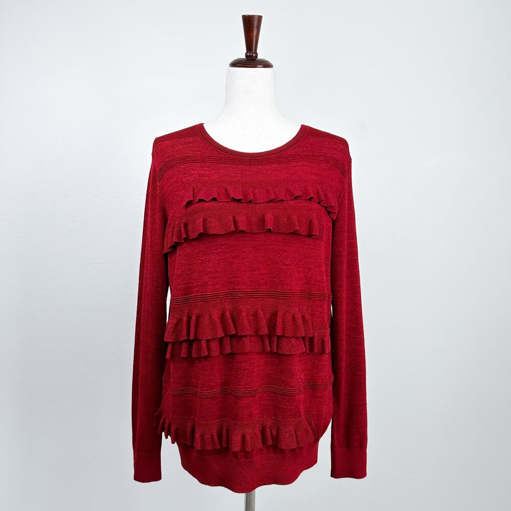 Diane Von Furstenberg Red Merino Wool Blend Ruffle Detail Knit Sweater MEDIUM